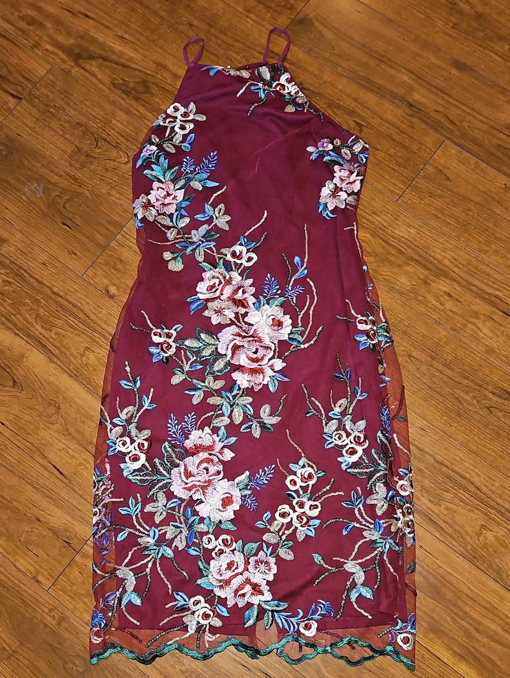 Lulus Floral Embroidered Burgundy Slip Dress